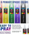 Six primary opaque colors, water-based acrylic paints in 1-ounce bottles, visible in Cool Runner II Airbrush Kit With Dual Fan Compressor, Three Airbrushes, Six Color Acrylic Paint Set, Cleaning Brushes And How-To Manual, Gravity And Siphon Feed, Perfect For Pros And Hobbyists Seeking Pro-Grade, Studio-Quality Results.