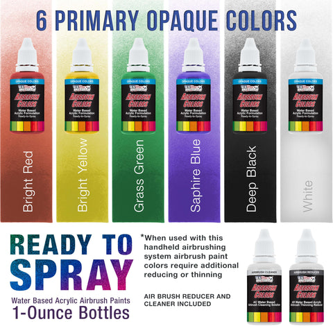 Six primary opaque colors, water-based acrylic paints in 1-ounce bottles, visible in Cool Runner II Airbrush Kit With Dual Fan Compressor, Three Airbrushes, Six Color Acrylic Paint Set, Cleaning Brushes And How-To Manual, Gravity And Siphon Feed, Perfect For Pros And Hobbyists Seeking Pro-Grade, Studio-Quality Results.