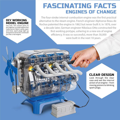 Hands On 4 Cylinder Engine Kit For STEM Lovers with working parts and LED lights, clear design showing mechanics.