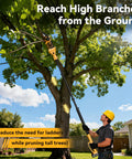 Gardener using Beefed Up Four In One Pole Saw And Electric Pruning Shears Kit With A Six Inch Mini Chainsaw extending pole to trim tree branches
