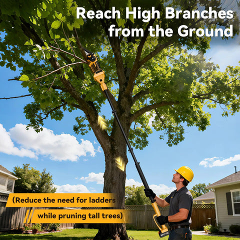 Gardener using Beefed Up Four In One Pole Saw And Electric Pruning Shears Kit With A Six Inch Mini Chainsaw extending pole to trim tree branches