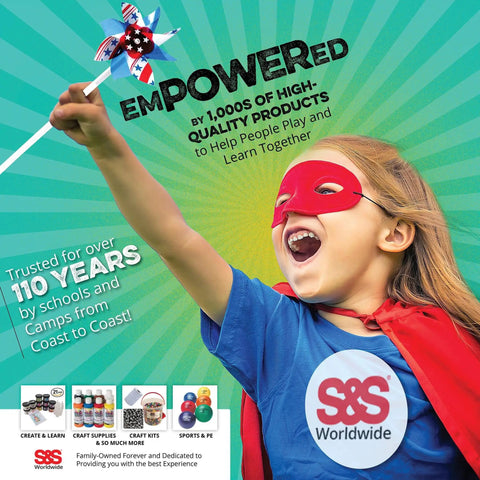 Child in superhero costume holding pinwheel, promoting S&S Worldwide's educational products for play and learning.