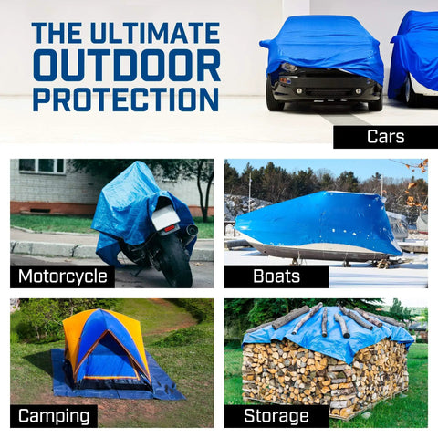Heavy Duty Waterproof Poly Tarp 12x16 Foot With True 8x8 Weave Grommets Every 36 Inches covering various outdoor items