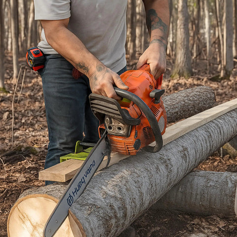 Man using Chainsaw Lumber Cutting Guide Steel Portable Sawmill Tool With Compact Carry Adjustable Up To 2x6 Inches Boards DIY Wood Cutting On The Job Site Without The Hardware Store outdoors