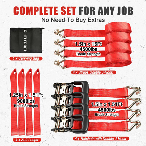 Beefed Up Heavy Duty Ratchet Straps 4 Pack 4500 Lbs Breaking Strength 1.5 Inch Wide 15 Foot Tie Down Straps With Padded Handles