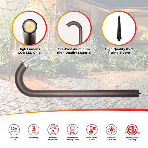 Low Voltage 3W LED Landscape Bollard Path Light Kit In Brown Finish, Modern Curved Design, Waterproof IP67, No Fuss Outdoor Pathway Lighting For Driveways And Walkways, 4 Pack