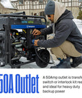 Person connecting Dual Fuel Home Backup Generator with Remote Start, Transfer Switch Ready, Gas Or Propane Power, CO Sensor.