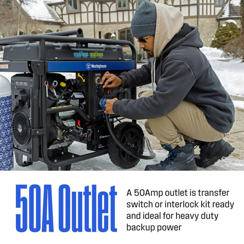 Person connecting Dual Fuel Home Backup Generator with Remote Start, Transfer Switch Ready, Gas Or Propane Power, CO Sensor.