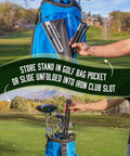 Workhorse Aluminum Golf Bag Stand Attachment With Slick Folding Legs That Anchors Your Cart Bag Firmly And Blocks Nasty Scratches While You Enjoy Smooth Playing Days Out On The Links Black being stored in blue golf bag pocket.