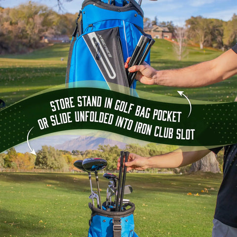 Workhorse Aluminum Golf Bag Stand Attachment With Slick Folding Legs That Anchors Your Cart Bag Firmly And Blocks Nasty Scratches While You Enjoy Smooth Playing Days Out On The Links Black being stored in blue golf bag pocket.