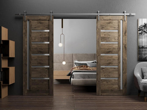 Quadro 4088 Cognac Oak Frosted Glass Double Sliding Barn Door 84x96 Inch with MDF core and silver rail hardware installed in bedroom