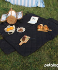 Outdoor picnic setup on a black mat with food, a wicker basket, and a book, displayed in a grassy area.