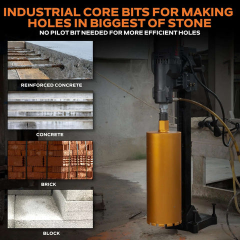 Front view of orange wet core drill with a 5-1/2-inch core bit mounted on a stand