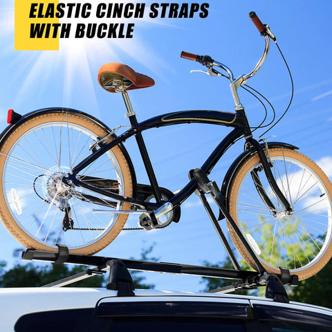 Two Inch By Twenty Four Inch Elastic Cinch Straps Four Pack With Hook And Loop Fasteners securing bicycle on car rack
