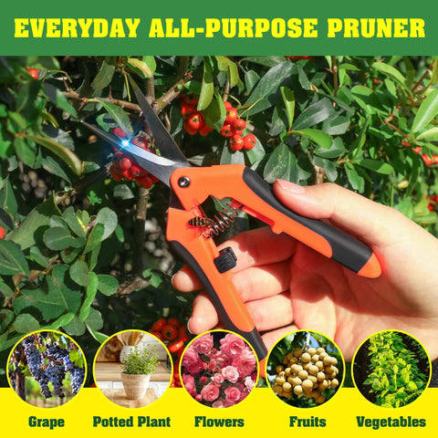 4 Pack Garden Shears Set With Stainless Steel Blades, Pruning Shears And Garden Clippers For Plants And Flowers, Safe Locking Mechanism, Ergonomic Orange Green Handles, Durable Pruning Tools For Yardwork shown trimming small branches with orange and black handle.