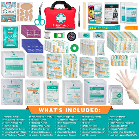 General Medi First Aid Kit with red reflective bag, 309 pieces including bandages, moleskin pad and emergency blanket