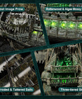 Close-up of LED Flying Dutchman 3D Puzzle for Adults 360 Piece Ship Model with ghost prow, mossy hull, and glowing LEDs.
