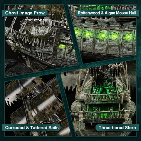 Close-up of LED Flying Dutchman 3D Puzzle for Adults 360 Piece Ship Model with ghost prow, mossy hull, and glowing LEDs.