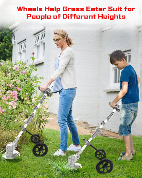 Heavy Duty String Trimmer Support Wheel With 20 Inch Adjustable Height takes strain off backs for various heights while trimming in garden.