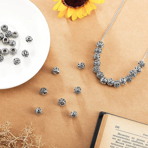60 Pieces Dope Silver Tone Filigree Spacer Beads Set Hollow Tibetan Alloy Beads In 10 Styles 10 Mm Tiny Metal Beads for DIY Jewelry Making.