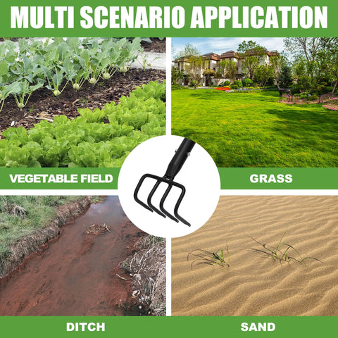 Long Hand Cultivator With Telescopic Handle showcased for vegetable field, grass, ditch, and sand applications