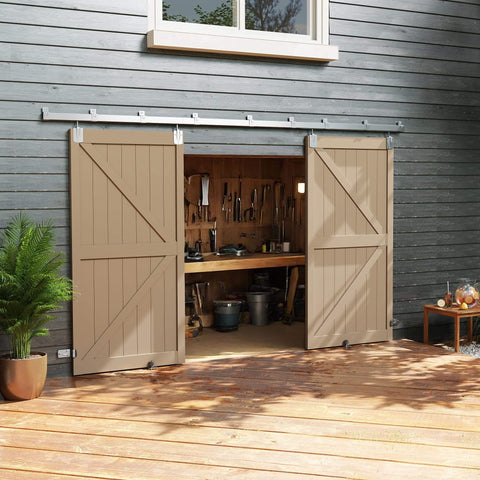 Installed 14ft Box Rail Exterior Barn Door Hardware Kit For Two Doors System, galvanized steel track on wooden barn.