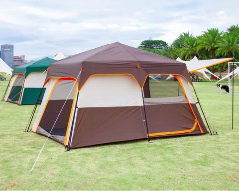 Large Family Tent For 6-8 People With Instant Setup In 60 Seconds, Spacious Two Rooms, Three Doors, Brown color, outdoor setting.