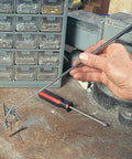 Side view of slim 25-inch telescoping magnetic grabber with pocket clip; silver rod and black/red handle.