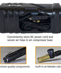 Plug And Play Digital Tire Inflator With Hella Accurate Gauge Fast Auto Shut Off No Sweat Portable Air Compressor For Car Truck Motorcycle And Bike Works Sweet On 110 Volt And 12 Volt Power Ready, showing air hose and DC power cord storage.