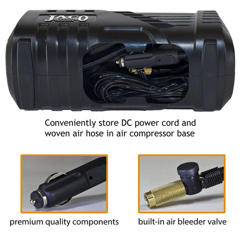 Plug And Play Digital Tire Inflator With Hella Accurate Gauge Fast Auto Shut Off No Sweat Portable Air Compressor For Car Truck Motorcycle And Bike Works Sweet On 110 Volt And 12 Volt Power Ready, showing air hose and DC power cord storage.