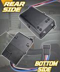 Time-delay brake controller kit, black rectangular module with red, blue and white wiring harness; front and bottom views