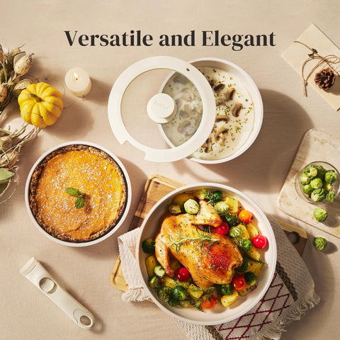 Close-up of Ceramic Nonstick Pots And Pans Set With Detachable Handles, showcasing cooked dishes, versatile and elegant for RV kitchens.