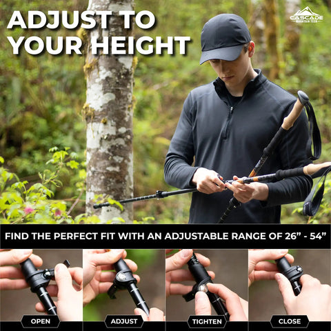 Person adjusting Pair Of Adjustable Trekking Poles With Aircraft Grade Aluminum, Cork Grip, And EVA Extended Grip In Bright Orange, Quick Lock