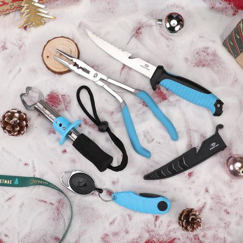 4 Piece Pistol Grip Fishing Tool Kit with 45 Degree Pliers, Fillet Knife, Gripper, Line Snips, and Fly Fishing Retractor