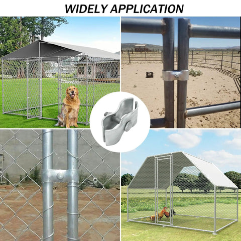 18 Piece Chain Link Fence Clamps Set For Dog Kennels 1 3 8 Inch Galvanized Steel Easy Install For Pipe And Panel Frames Rust And Corrosion Resistant Construction, shown in various applications with dog kennels and fences.