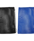 Two Pack Mesh Gear Bag For Snorkel Equipment, Oversized 18 By 27 Inch Dive Bag For Scuba Snorkeling Fins And Swim Gear, Beach And Sports Equipment Tote, Black And Blue, showing black and blue mesh bags side by side.
