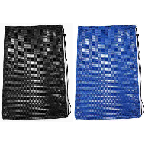 Two Pack Mesh Gear Bag For Snorkel Equipment, Oversized 18 By 27 Inch Dive Bag For Scuba Snorkeling Fins And Swim Gear, Beach And Sports Equipment Tote, Black And Blue, showing black and blue mesh bags side by side.
