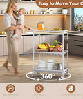 Mobile Kitchen Cart With 3 Tiers And Lockable Wheels White Rolling Storage Cart in use, holding fruit and dishes in a modern kitchen