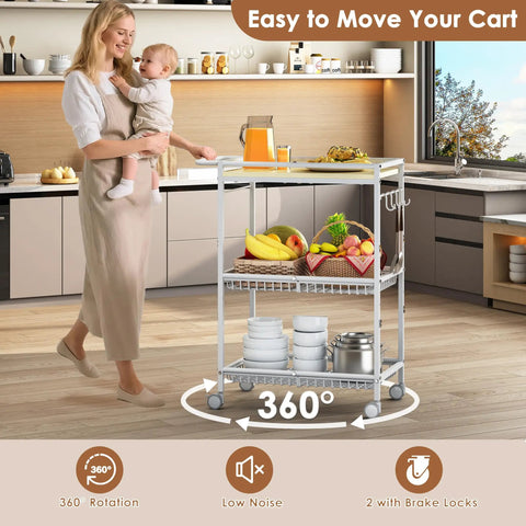 Mobile Kitchen Cart With 3 Tiers And Lockable Wheels White Rolling Storage Cart in use, holding fruit and dishes in a modern kitchen