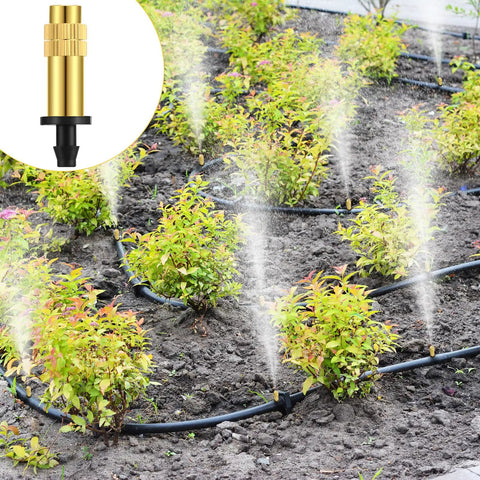 50 Pack Adjustable Brass Misting Nozzles With Atomizing Spray Emitters For Your Garden Greenhouse Patio Misting And Outdoor Cooling System Drip Irrigation Sprinkler Heads in a garden setup