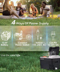 Portable 32 Quart 12 Volt Car Refrigerator And Electric Cooler Built Tough for powering outdoor gatherings with multiple supply options.