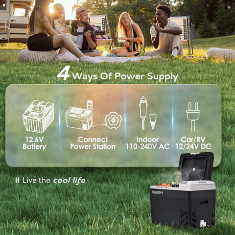 Portable 32 Quart 12 Volt Car Refrigerator And Electric Cooler Built Tough for powering outdoor gatherings with multiple supply options.