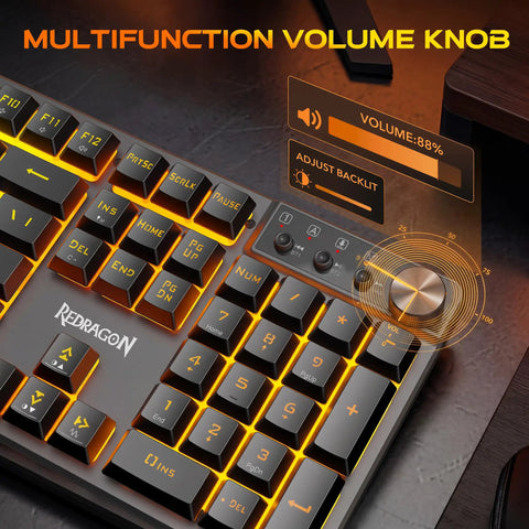 Slick Wireless Gaming Keyboard With Volume Knob And Tri Mode Bluetooth 2 4G Plus Usb C Plug In Setup Features showing volume knob and RGB lighting.