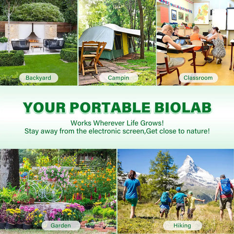 Scenes showing Bug Hunter Kit With 6X Magnifier Glass For Indoor Outdoor STEM Exploration in backyard, camping, classroom, garden, hiking.