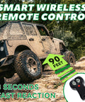 Jeep using Heavy Duty 4500 Lb Electric Winch For ATV UTV Jeep with 12V Motor on rocky trail, wireless remote in foreground