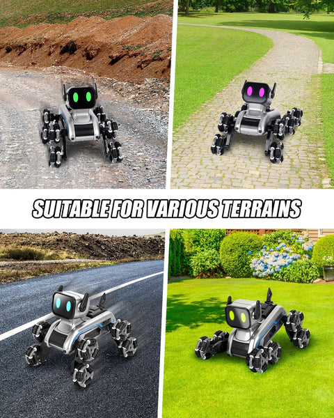 HuiJuKeJi interactive robot dog RC stunt car with mecanum wheels and LED eyes, shown on dirt, path, road and lawn.