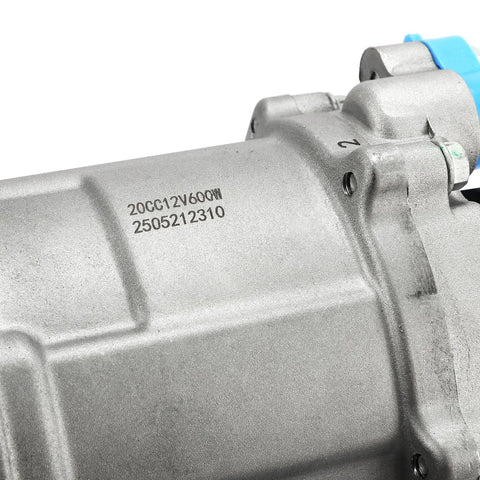 Heavy Duty 12 Volt Universal Auto AC Electric Compressor 20CC R134A Compatible close-up view of metal housing with part numbers.