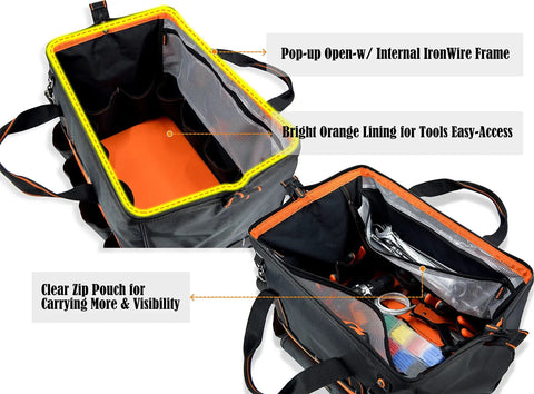 Open 20 Inch Electrician Tool Bag Pro Grade Beast Heavy Duty Tote With 32 Pockets and bright orange interior for easy access.