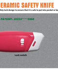 Ceramic Safety Box Cutter With Safety Lock Pocket Sized Magnetic Cardboard Opener For Packages Ultra Sharp Ceramic Blade Rust Resistant Handy Mini Knife 4 Pack, red lock switch close-up