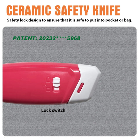 Ceramic Safety Box Cutter With Safety Lock Pocket Sized Magnetic Cardboard Opener For Packages Ultra Sharp Ceramic Blade Rust Resistant Handy Mini Knife 4 Pack, red lock switch close-up